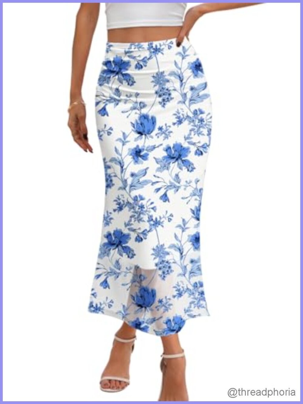 Women's Floral Mesh Midi Skirt High Waist Ruched Boho Bodycon